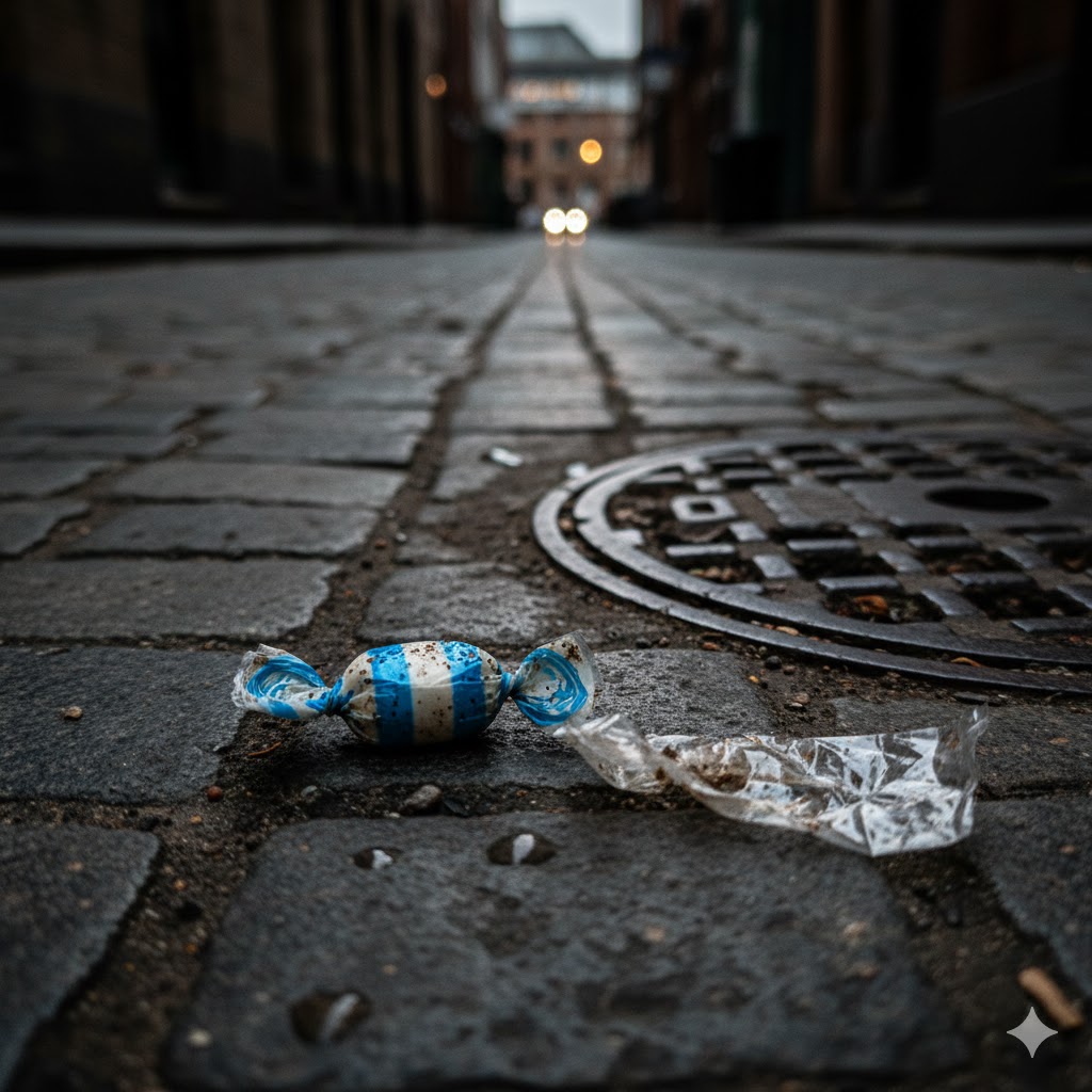 Auf einer Straße mit Kopfsteinpflaster liegen neben einem Gullydeckel ein Bonbon und ein ausgepacktes Bonbonpapier im Dreck. Dieses Bild wurde KI-generiert.