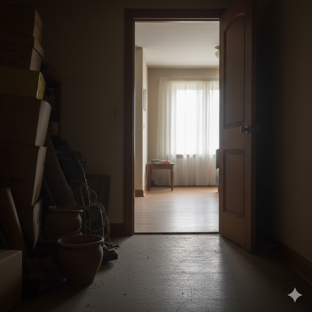 Ein Blick aus der Abstellkammer, links stapeln sich Kisten. Gegenüber fällt Licht durch die Gardinen in den Flur. Das Bild wurde KI-generiert.
