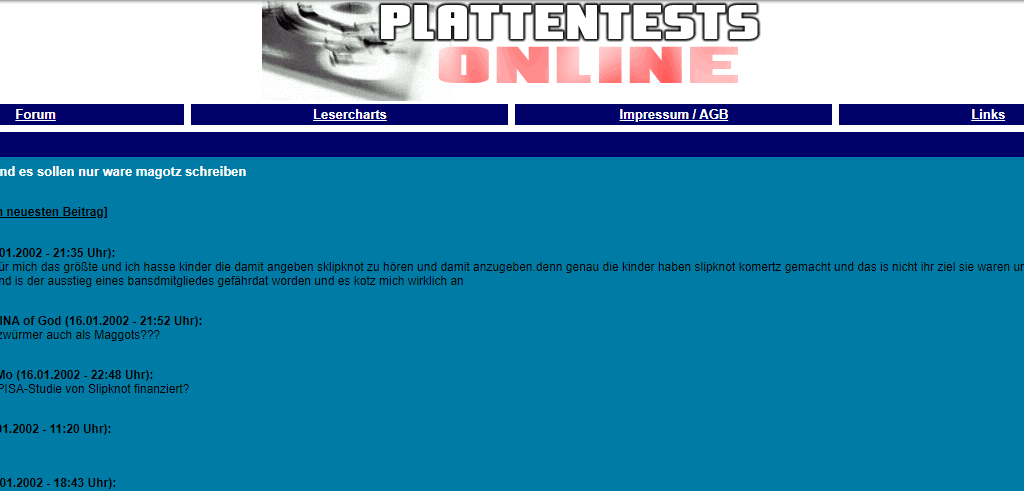 Screenshot vom Beginn des Threads "slipknot und es sollen nur wahre magotz schreiben" aus dem Forum von plattentests.de