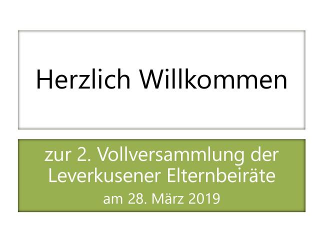 Titelblatt der Präsentation des Stadtelternrats zur Vollversammlung der Leverkusener Elternbeiräte am 28.3.2019