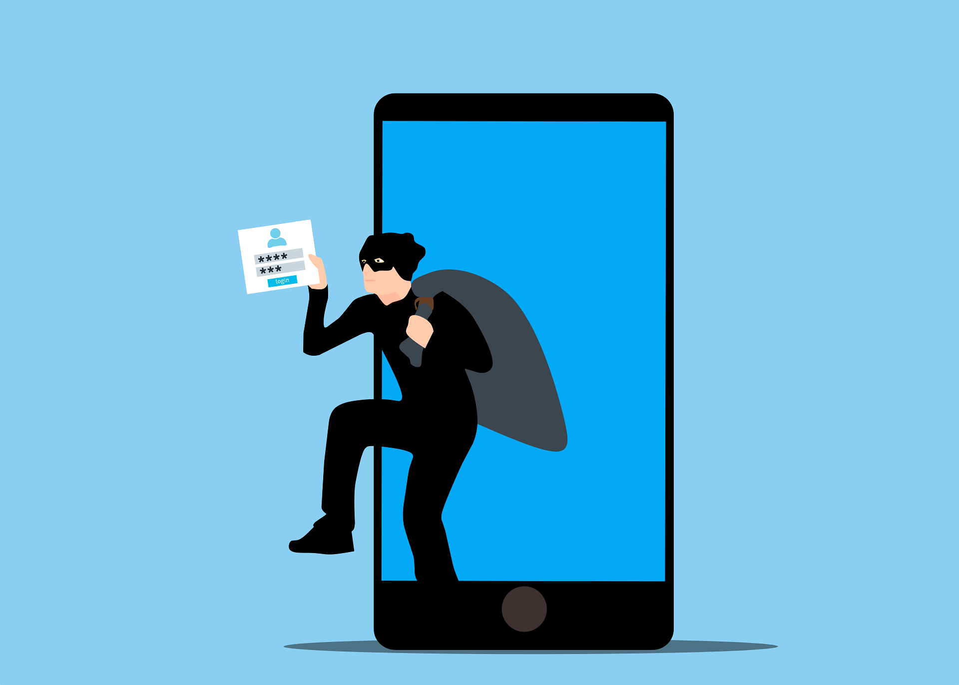 Ein maskierter Dieb klettert aus einem Smartphone-Bildschirm und trägt einen Loginscreen in der Hand sowie einen offenbar gefüllten Sack hinter dem Rücken