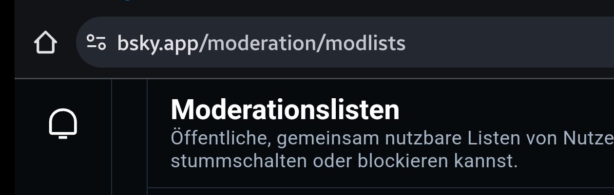 Screenshot von https://bsky.app/moderation/modlists. Zu sehen sind die Menüelemente sowie die Überschrift "Moderationslisten".