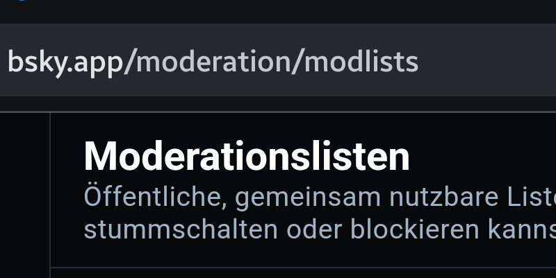 Screenshot von https://bsky.app/moderation/modlists. Zu sehen sind die Menüelemente sowie die Überschrift "Moderationslisten".